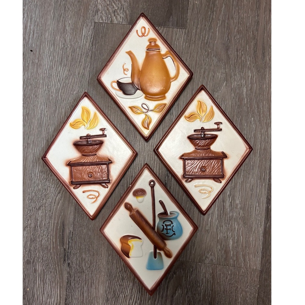 Vintage Lefton Ceramic Wall Plaques Set 4 Coffee Grinder Pot Kitchen Japan 60s